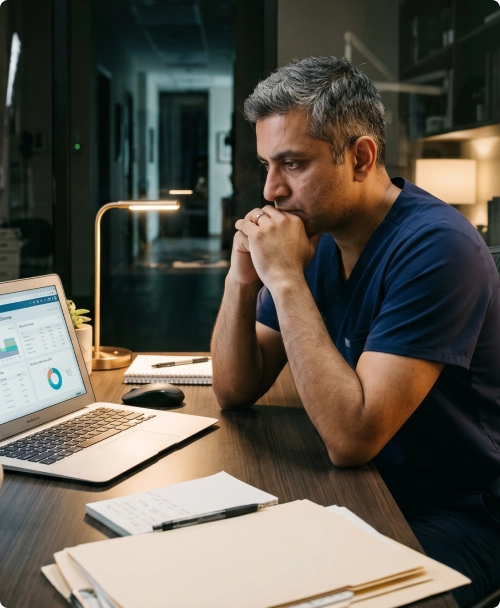 Man in scrubs focused on laptop screen, surrounded by notebooks and a lamp in a dimly lit office.